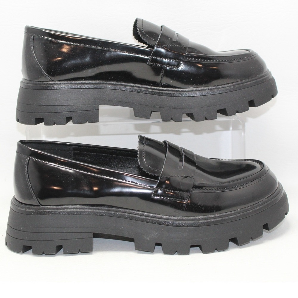 Cestfini Womens Black Patent Lug Sole Chunky Platform Penny Loafer Size 6.5 NWOB